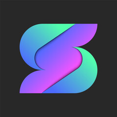 Bold letter S logo 3d typography design vibrant colorful gradient layers surfaces, creative identity emblem with overlapping levels with shadows.