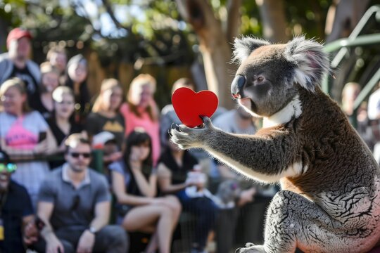 koala receiving heartshaped medal from zookeeper, crowd watching