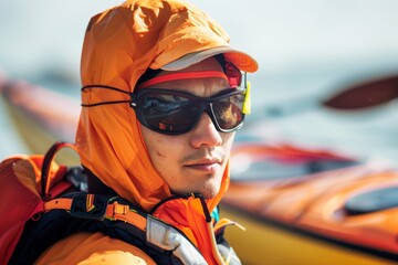 male in sunprotective gear, uv glasses, with a kayak - obrazy, fototapety, plakaty