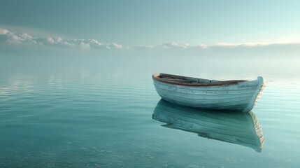 Naklejka na ściany i meble A boat drifts on water near a lily-covered shore