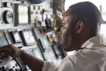 Fototapeta premium communications officer on bridge operating ships radio system
