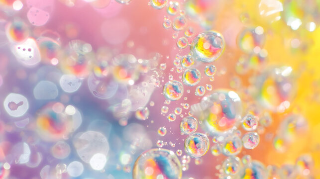 Soap bubbles floating on a pastel background and textures