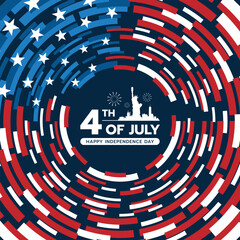 4th of july, happy independence day - Text and cityscape of usa symbol in circle frame with abstract modern tabs curve usa flags on dark blue background vector design