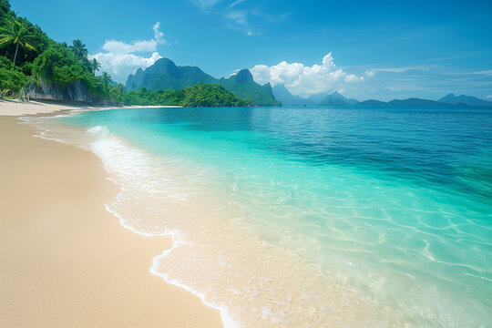 Sandy tropical beach with island on background, ai technology
