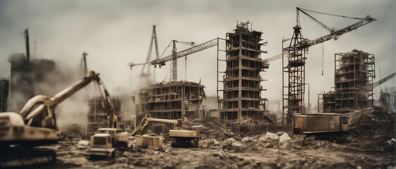 Generative AI. Construction, Building Site, Urban area under construction. Copy space, futuristic, humans working with machines. Tilt shift