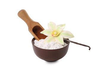 Fototapeta na wymiar Bowl of vanilla powder with flower on white background