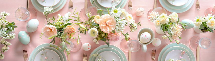 An Easter table setting blooms in soft pastel hues, capturing the essence of spring with each carefully placed flower and egg. - obrazy, fototapety, plakaty