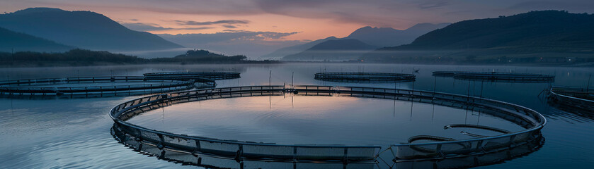 Obraz premium As dusk settles, the fish farm's circular patterns become a testament to the balance between aquaculture innovation and natural serenity.