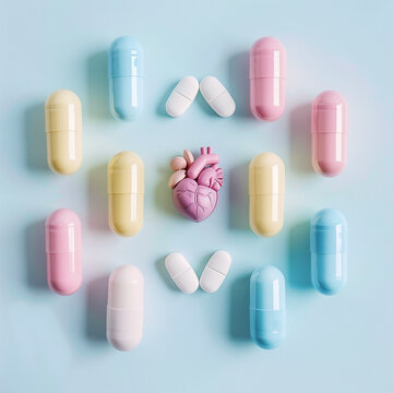 Heart health and medication image. Illustration of a heart surrounded by various pills and capsules. Healthcare and medical concept. Prevention and management of cardiovascular disease. 