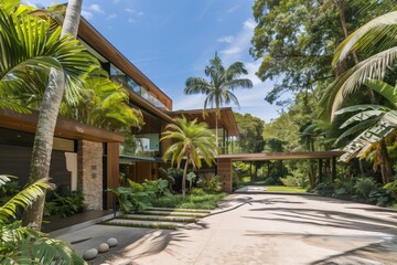 modern tropical house with a palm treelined driveway