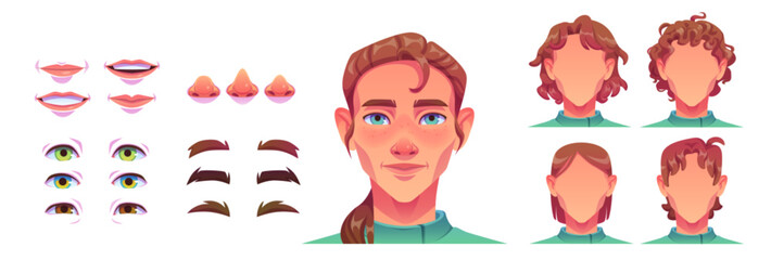 Plakaty  Young man face avatar construction kit with different haircuts and eyes, brows and noses, lips smile. Cartoon vector illustration set of creation generator caucasian male character head elements.