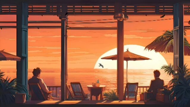 Relaxing summer evening at the beach with a colorful sunset over the sea. Seamless looping 4k timelapse virtual video animation background generated AI
