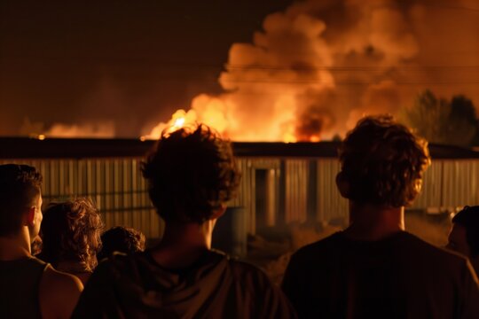 group staring at distant warehouse consumed by fire