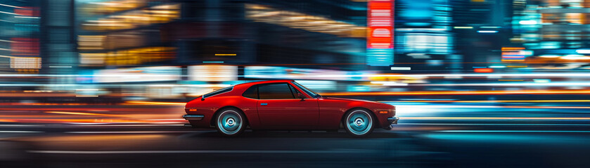The city at night becomes a canvas for the red car's speed, its motion blur a testament to the velocity it commands. - obrazy, fototapety, plakaty