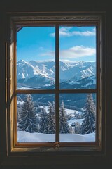 A breathtaking window vista of snow-capped mountains stretching as far as the eye can see, with pine forests blanketed in white and a clear blue sky overhead, Generative AI