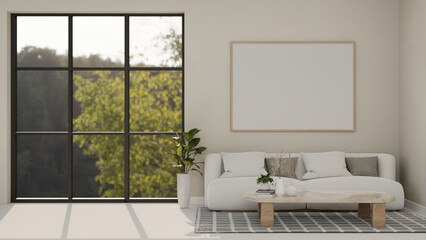 Fototapeta na wymiar The interior design of a contemporary minimalist white living room features a cozy white couch.