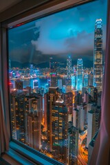 A captivating window view of a bustling metropolis skyline, with towering skyscrapers, neon lights, and the bustling activity of city life unfolding far below, Generative AI