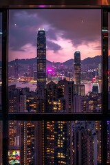 A captivating window view of a bustling metropolis skyline, with towering skyscrapers, neon lights, and the bustling activity of city life unfolding far below, Generative AI