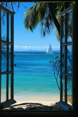 A captivating window vista of a tropical paradise, with palm-fringed beaches, crystal-clear turquoise waters, and the distant silhouette of a sailboat on the horizon, Generative AI