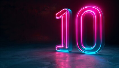 Neon number 10 illuminated in pink and blue. 3D digital art with neon lighting. Modern decor style