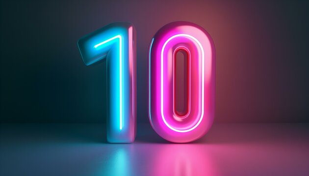 Neon number 10 illuminated in pink and blue. 3D digital art with neon lighting. Modern decor style