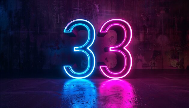 Glowing neon number 33 on dark textured background. 3D render for music, entertainment