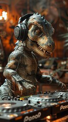 A TRex DJ in the midst of a set, headphones on, as it expertly drops the bass, turning the decks with its gigantic, yet delicate hands