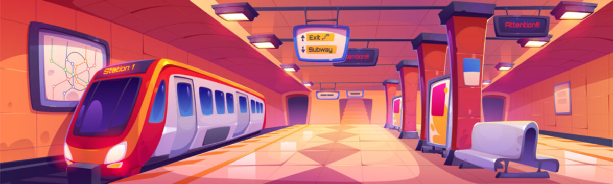 Train on subway station. Underground city metro railway illustration. Public rail transport cartoon background. Tunnel interior with passenger machine express arrival track. Screen and bench inside