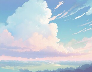 Anime-style illustration of summer sky and thunderclouds.