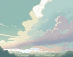 Anime-style illustration of summer sky and thunderclouds.