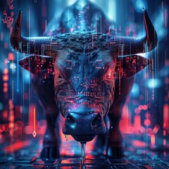 Techinspired bull market, dynamic data streams, cool tone, wide shot , clean sharp focus