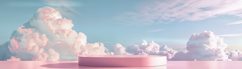 Abstract concept of pink podium with fluffy clouds. Dreamy and fantasy. Design for product display