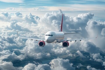 Fototapeta premium Passenger Commercial jet plane in the sky above clouds. travel, tourism, transportation background