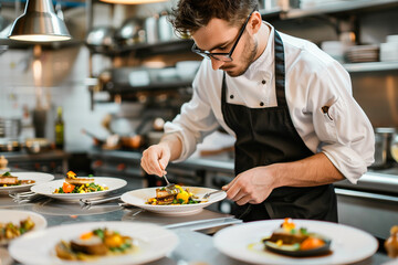 A young male chef is in the kitchen, wearing an apron and glasses while plating up dishes of...