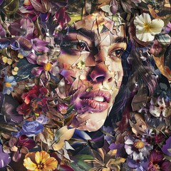 Collage of a woman's face with floral elements. Creative concept for beauty and nature.