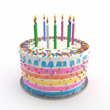 3D Render of a colorful birthday cake with candles, on isolated white background, Generative AI