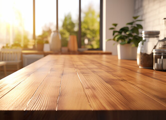 Empty wooden table in front of abstract blurred background