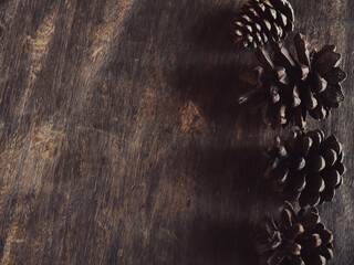 Dried pine cones on old wood and vintage style copy space.  