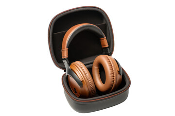 Sonic Sanctuary: Headphones Resting in Protective Case. On a Clear PNG or White Background.