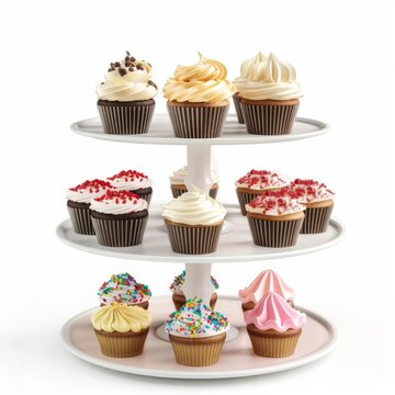 3D Render of a cupcake stand filled with delicious treats, on isolated white background, Generative AI