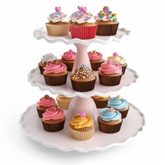 3D Render of a cupcake stand filled with delicious treats, on isolated white background, Generative AI