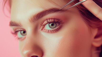 On a soft pink background, a woman meticulously grooms her eyelashes and eyebrows with tweezers, showcasing the importance of personal care.