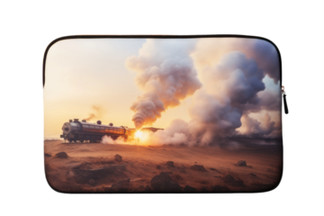 Journey of Imagination: Laptop Case Riding the Train Tracks. On a Clear PNG or White Background.