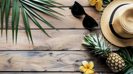 Summer essentials arranged on a wooden table: a straw hat, sunglasses, pineapple, and palm leaves. A picturesque scene evoking tropical vibes and sunny relaxation.