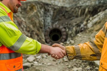 two workers shaking hands in front of a mine shaft - obrazy, fototapety, plakaty