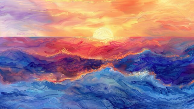 Abstract colorful ocean sunset digital painting