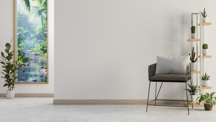 A modern minimalist white room with an armchair, a cactus shelf, and a white wall.