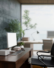 A side view image of a computer on a hardwood desk in a contemporary loft office.