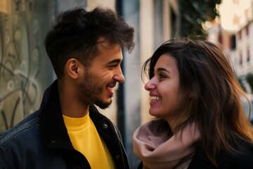 man and woman exchanging soft smiles before parting