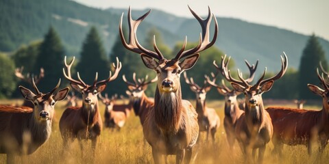 A herd of deer graze in a field with mountains in the background.